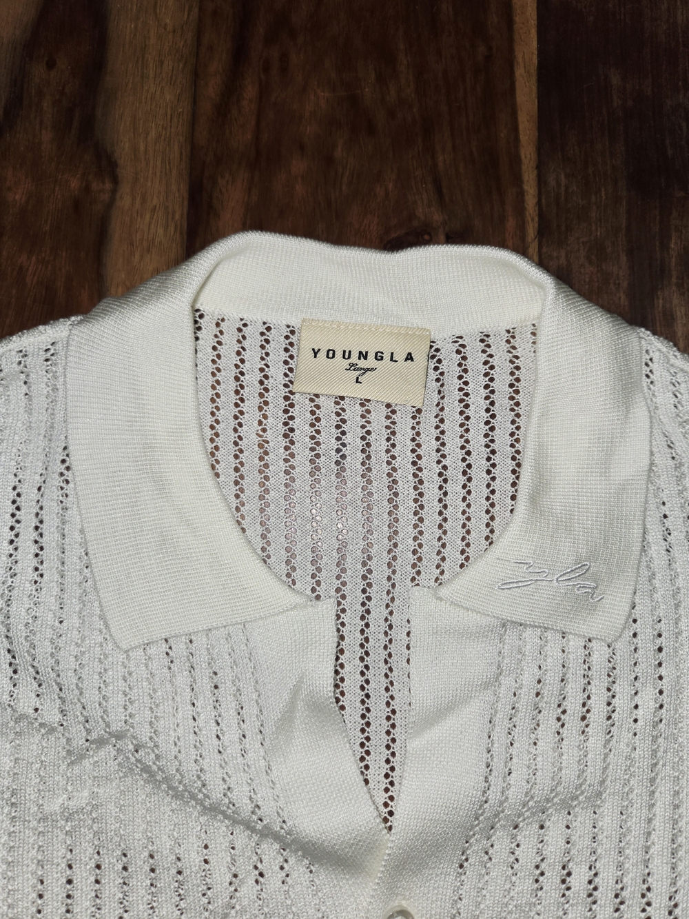 YoungLA White Open-Knit Short Sleeve Button-Down Shirt - Picture 4 of 6